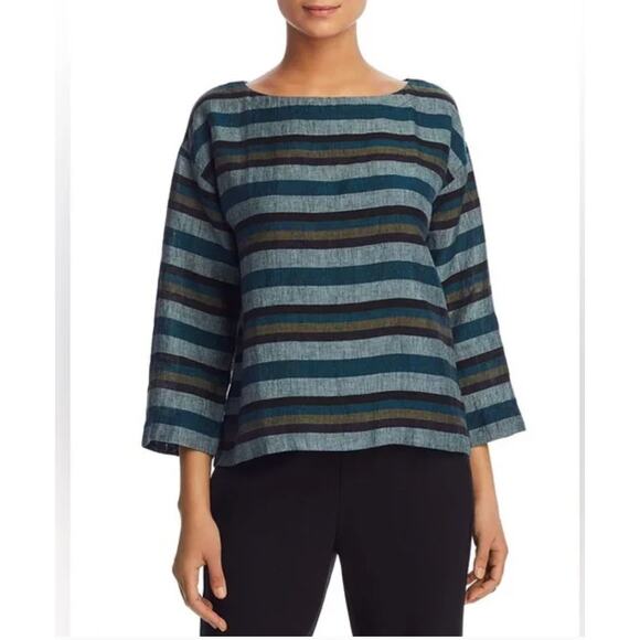 Eileen Fisher Linen Top Medium Striped Blue Gray Green - Picture 1 of 6
